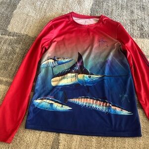 Guy Harvey Red and Blue Fish Print Long Sleeve Shirt
